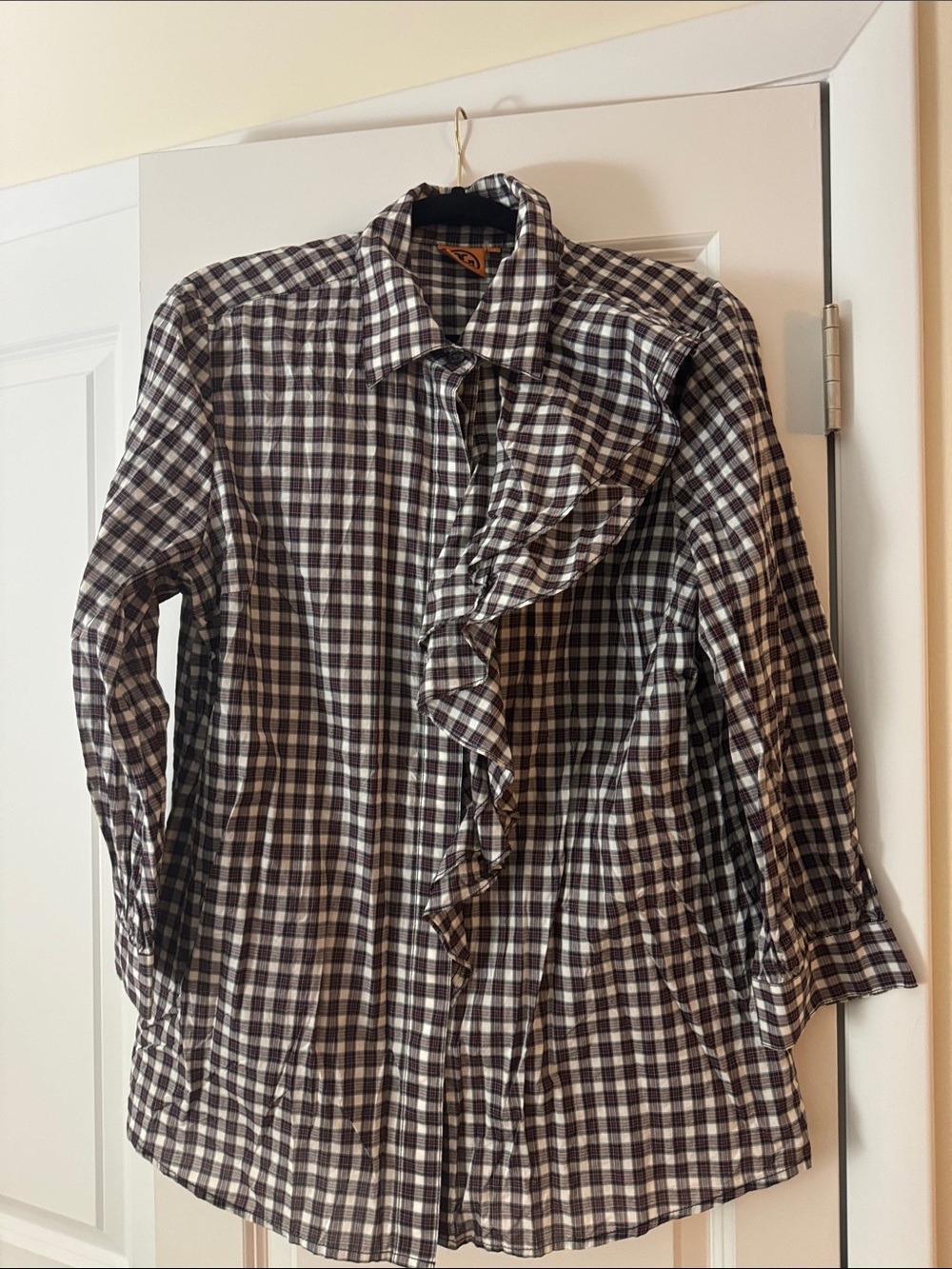 Tory Burch Black and White Gingham Ruffle Button-Up Blouse
